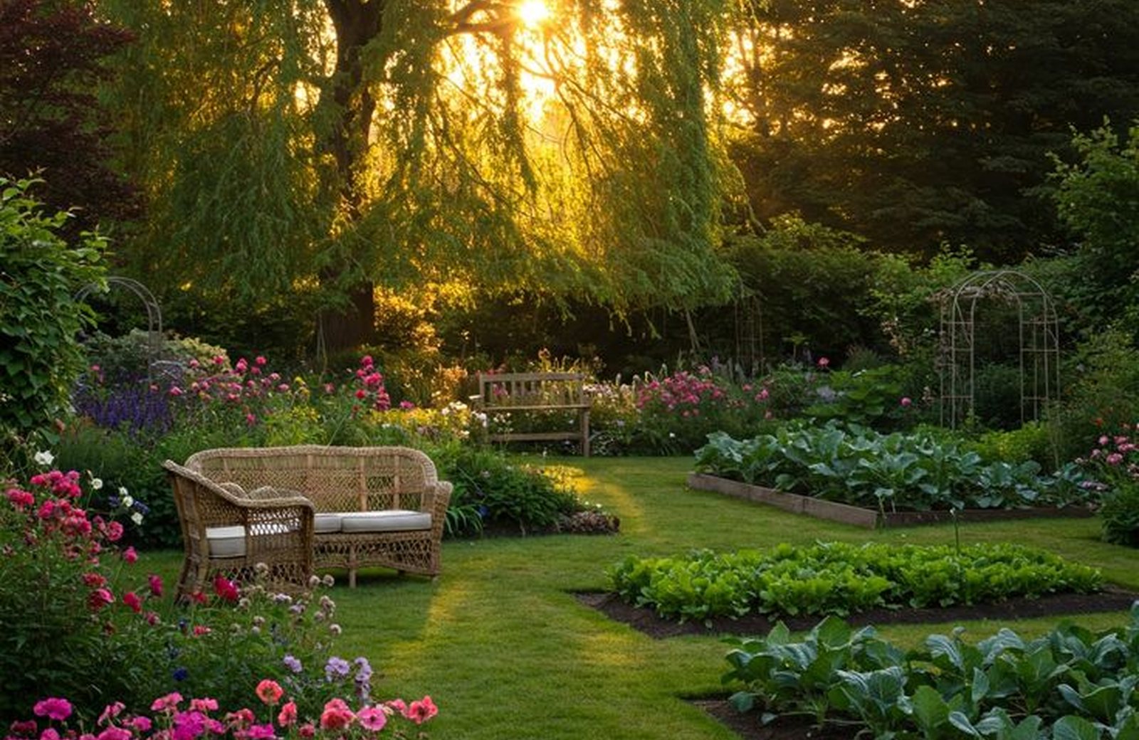 Giardino curato al tramonto